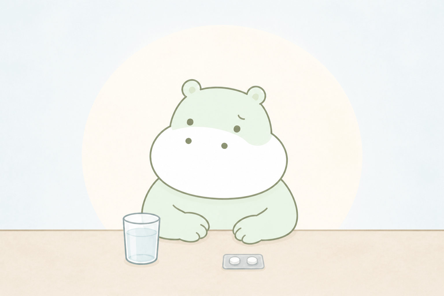 レクサプロの継続治療について水と錠剤を前に考えるカバのイラスト