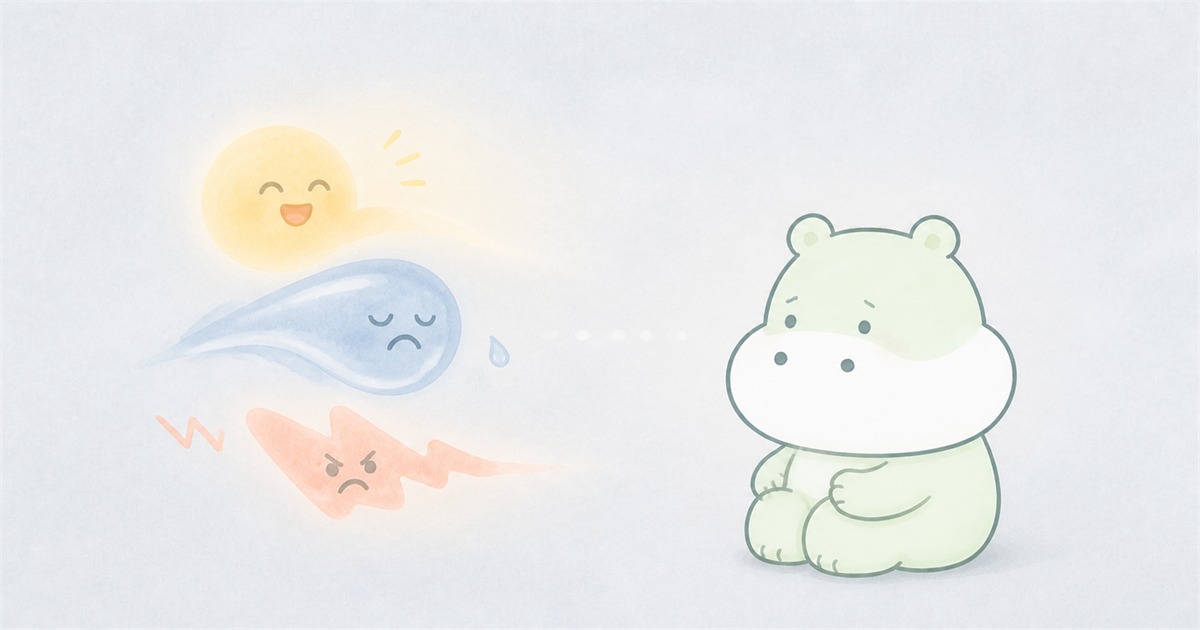 喜び・悲しみ・いらだちなど、突然やってくる感情に気づくカバのイラスト