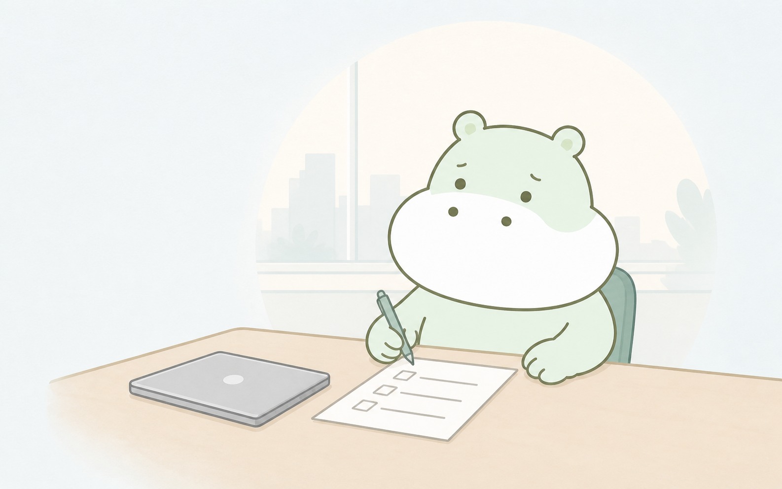 能力という大きな自己評価を具体的な仕事の項目へ分けて考えるカバのイラスト
