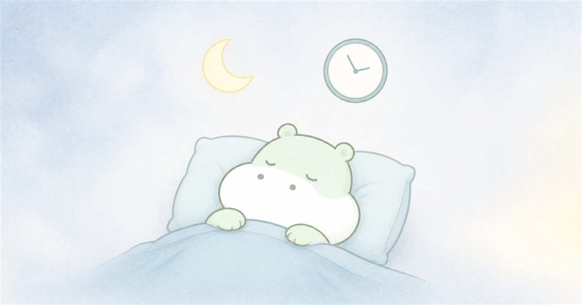 月と時計の下で穏やかに眠り、理想的な睡眠時間を考えるカバのイラスト