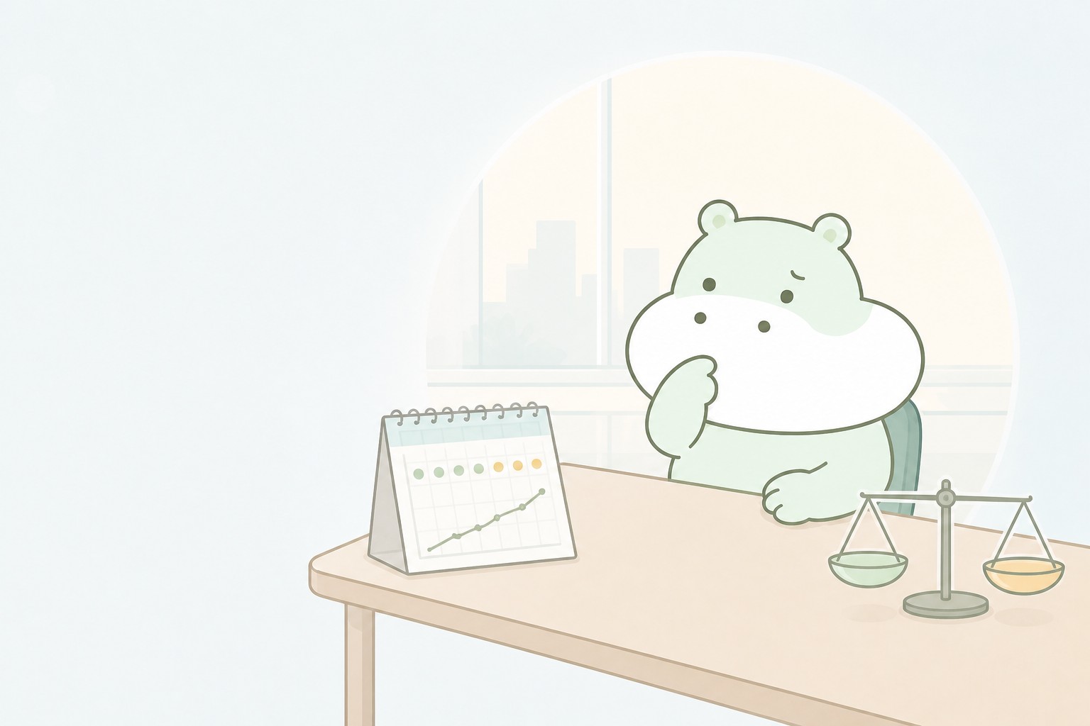 抗うつ薬の効果を時間をかけて確認し、利益と副作用のバランスを考えるカバのイラスト