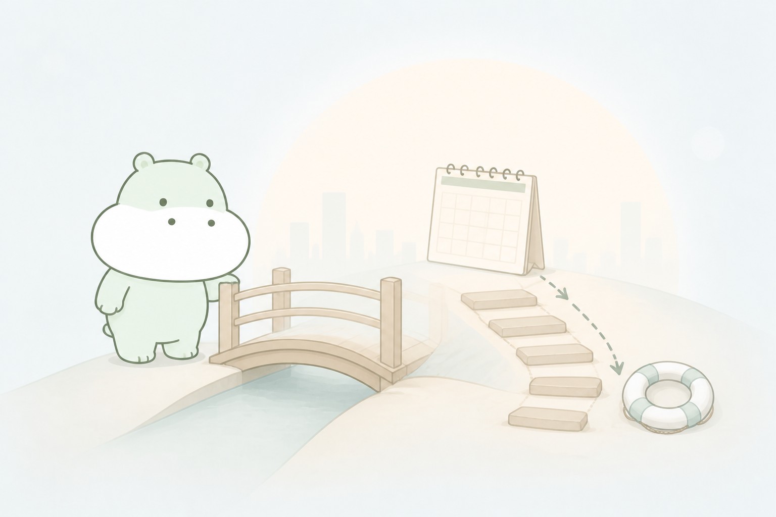 短期的な支えとしての薬と、段階的な減薬計画を橋と階段で表したカバのイラスト