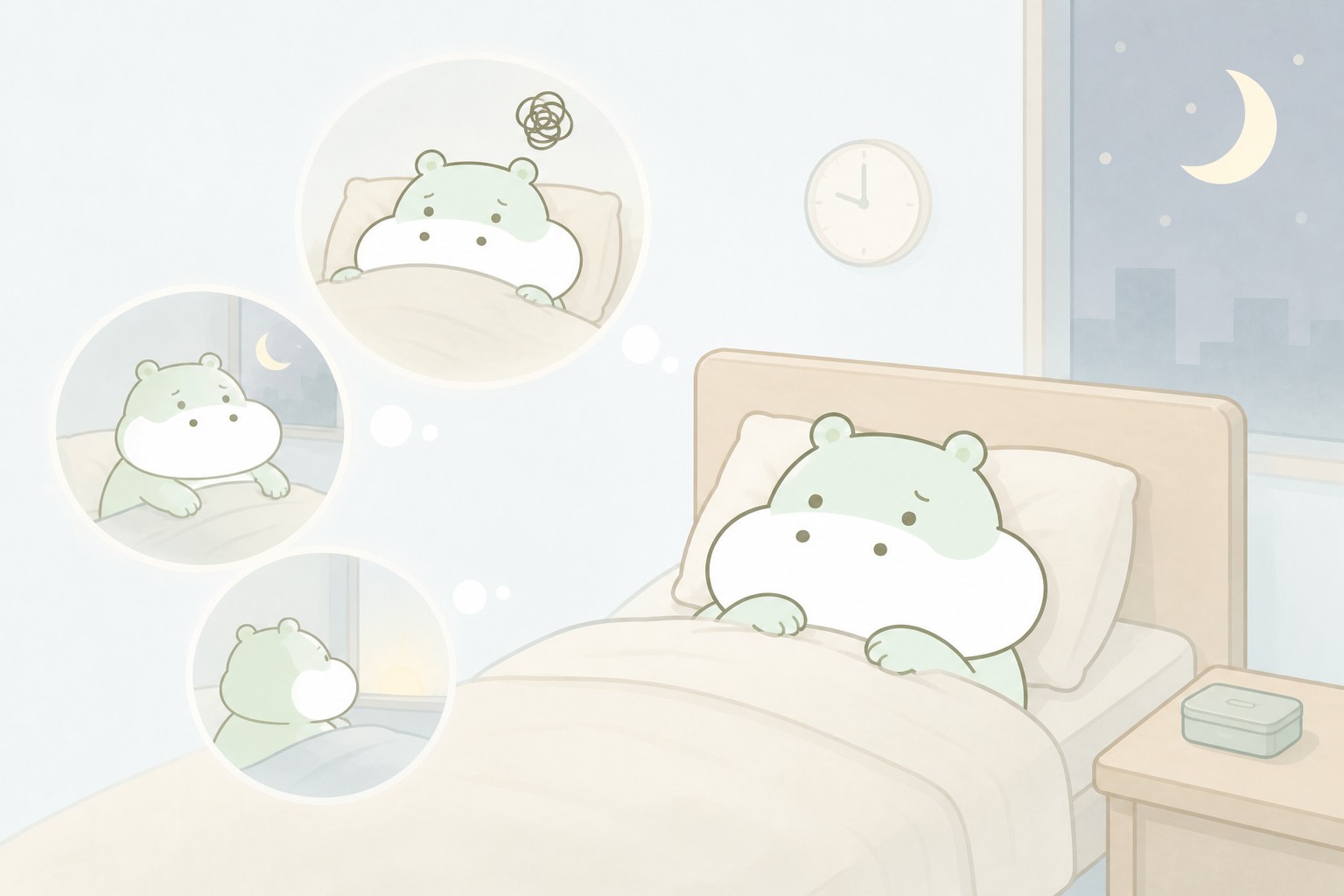 寝つき・中途覚醒・早朝覚醒の違いと睡眠薬の選び方を表したカバのイラスト
