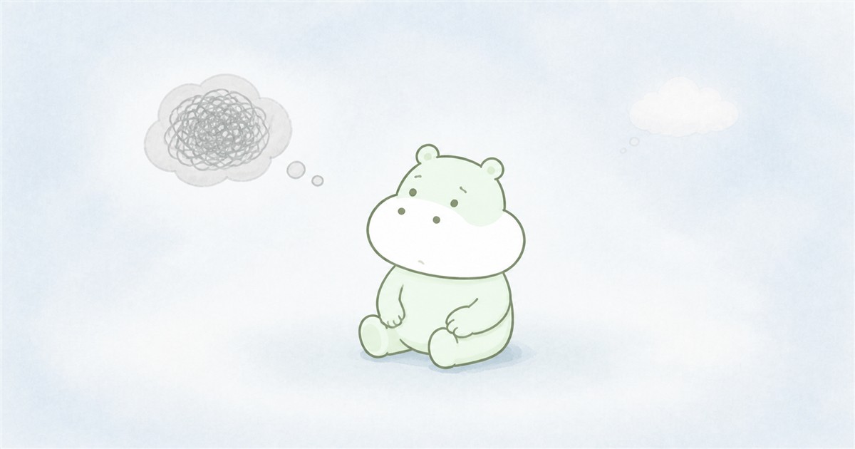 うつ病の否定的な思考を消そうとせず、少し離れて観察する脱中心化を表したカバのイラスト