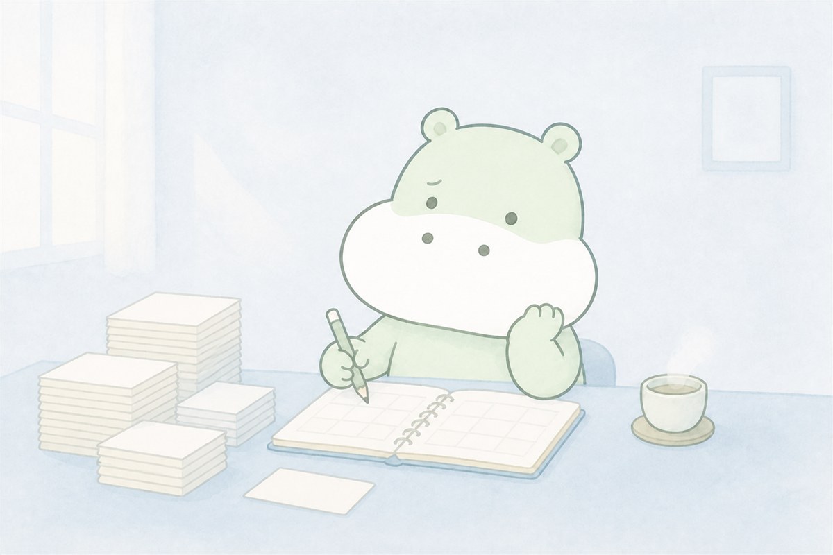 積み上がった仕事と予定表を前に、「ちゃんとしなきゃ」と頑張り続けるカバのイラスト