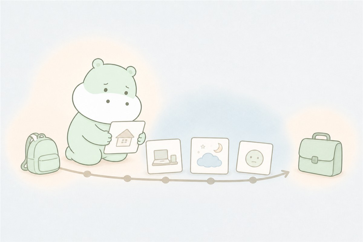 幼少期から現在までの困りごとを整理するカバのイラスト