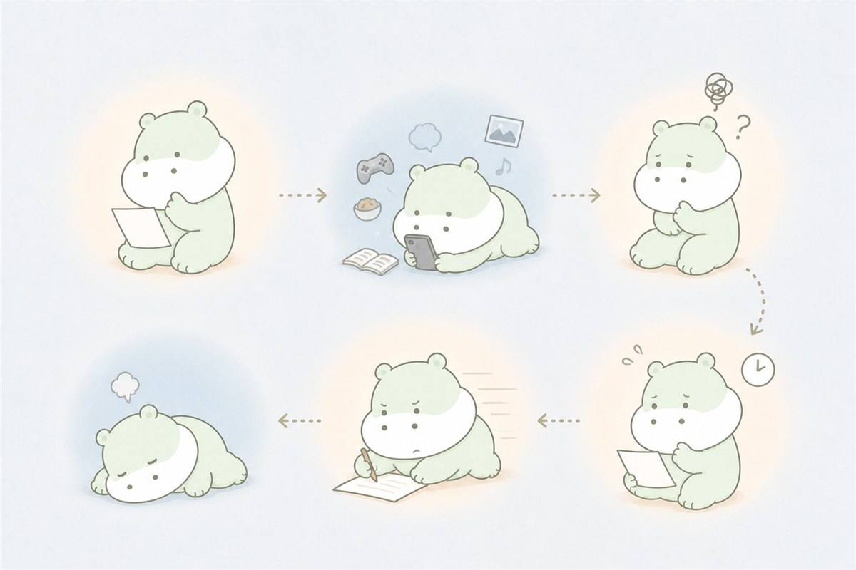 意図と実行の間でつまずく仕組みを表すカバのイラスト