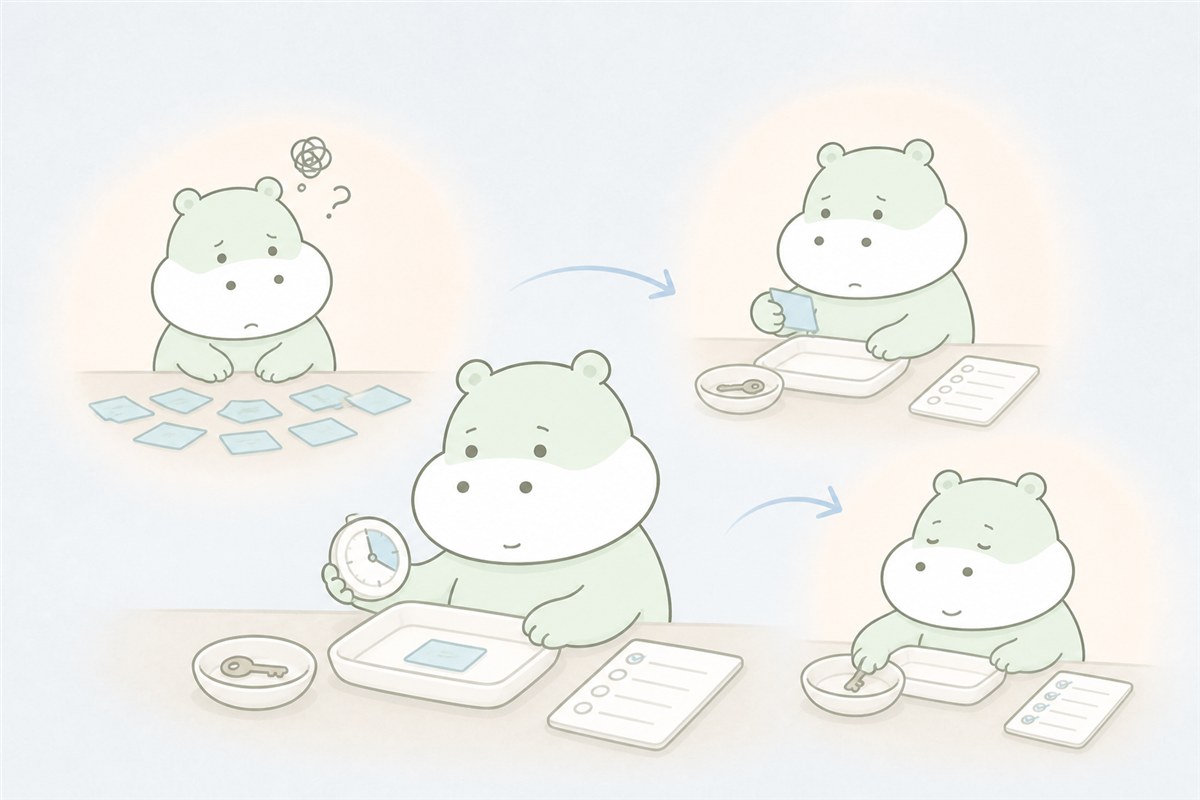 道具と仕組みを使って仕事を進めるカバのイラスト