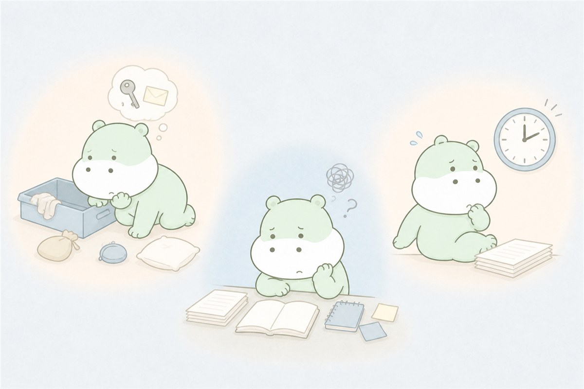 忘れ物や先延ばしで困っているカバのイラスト