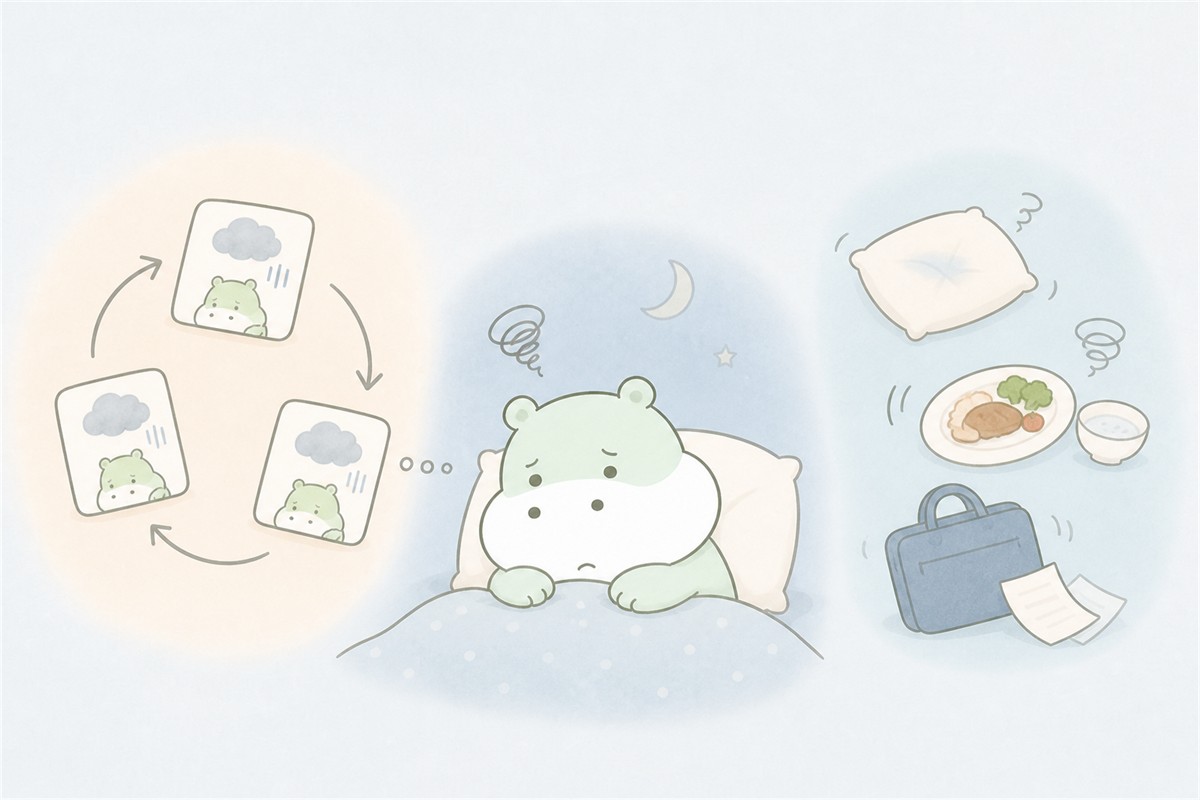 ストレス要因へのとらわれと睡眠・食事・仕事への適応困難を表すイラスト