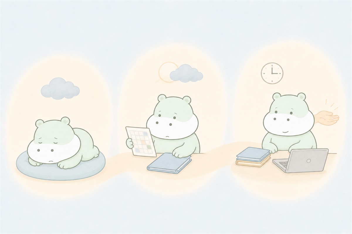 休養から職場調整を経て無理の少ない復帰へ進むカバのイラスト