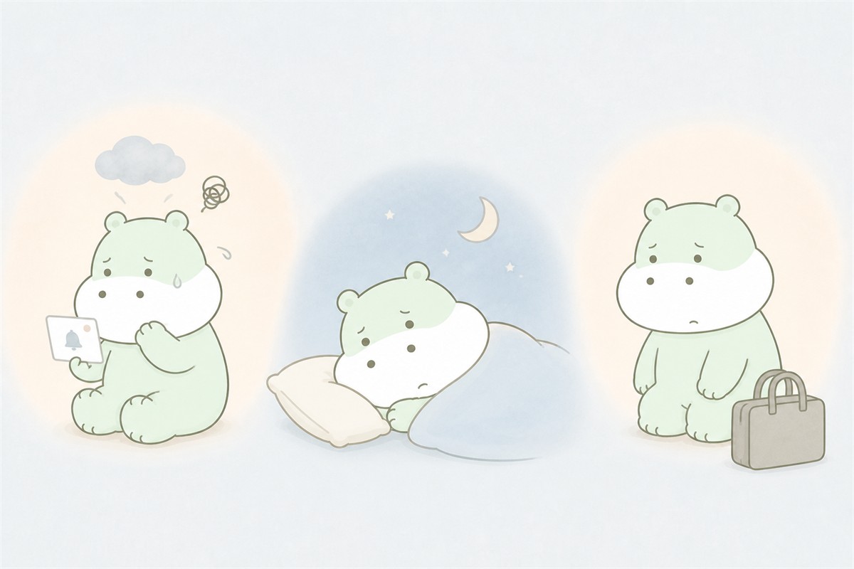 仕事の通知への不安、不眠、出勤困難として現れる適応障害の症状を表すカバのイラスト