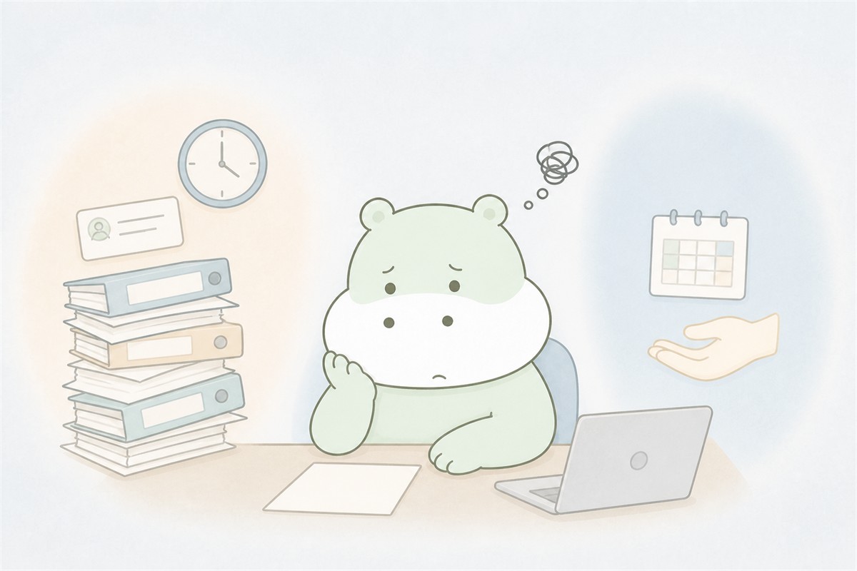 仕事の量・時間・支援のバランスが崩れて負担を抱えるカバのイラスト