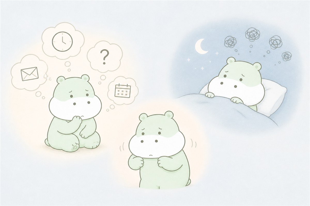 いくつもの心配が次々に浮かび休めない状態を表すカバのイラスト