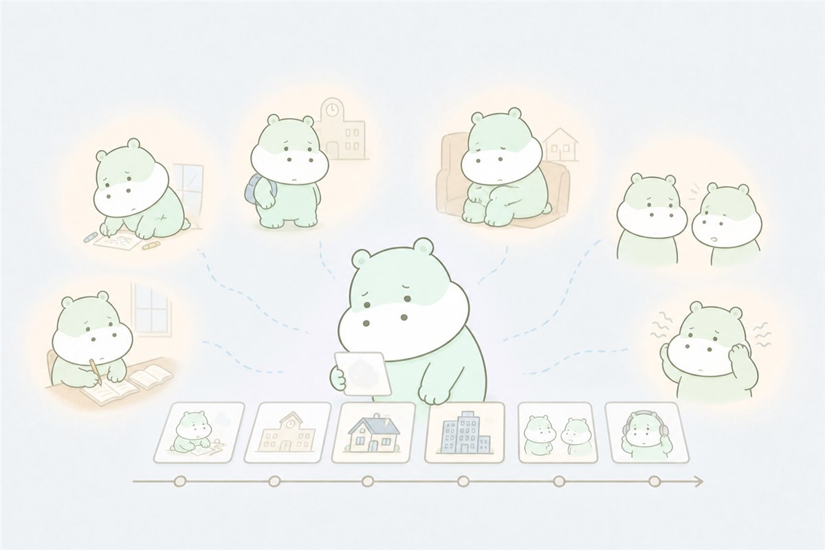 発達歴と現在の生活を多面的に整理するカバのイラスト