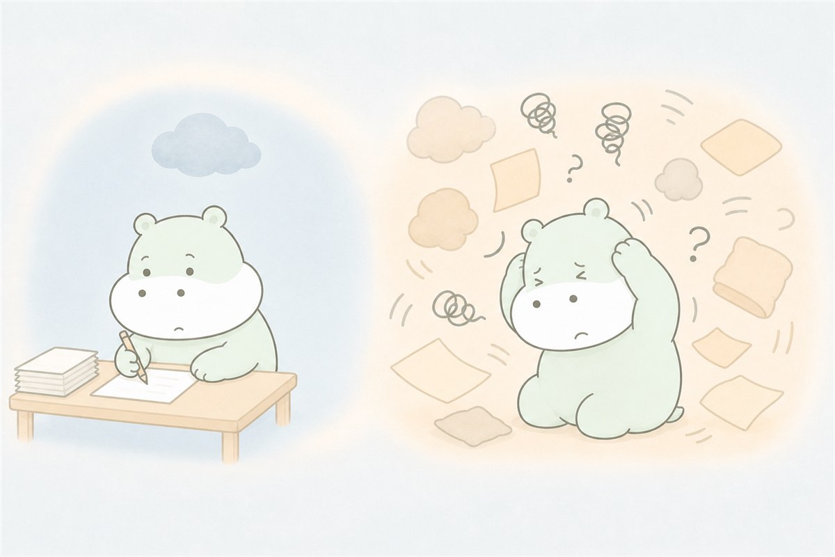特性と環境の組み合わせで困りごとが変わることを表すカバのイラスト