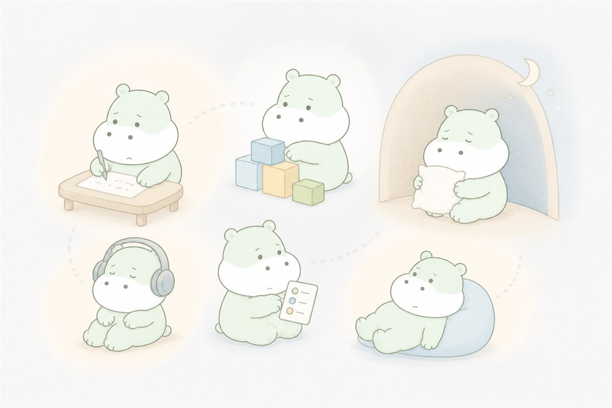 分かりやすい手順と穏やかな環境で働くカバのイラスト