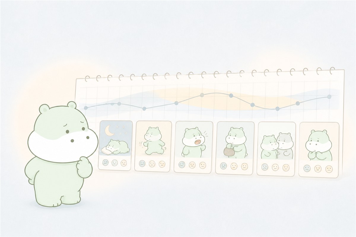 長い時間軸で気分と行動を振り返るカバのイラスト