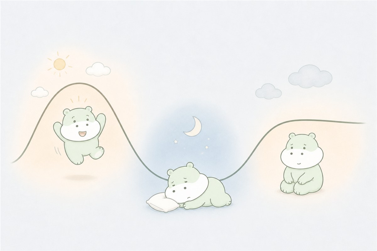 睡眠と気分と活動性の波を表すカバのイラスト