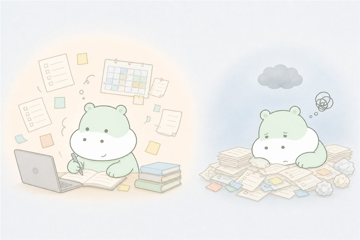 仕事を抱えすぎた後に動けなくなるカバのイラスト