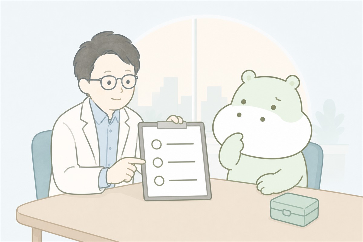 薬の目的・効果・副作用・経過を一つずつ確認するカバのイラスト