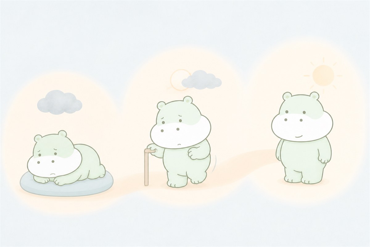 休養から段階的に回復していく様子を表すカバのイラスト