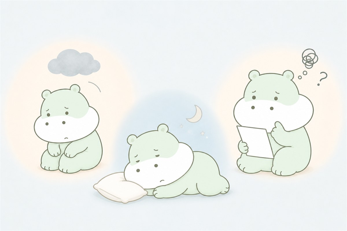 気分・睡眠・集中力に現れるうつ病の症状を表すカバのイラスト