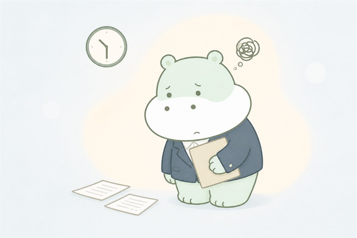 うつ病によって仕事の能率や集中力が低下したカバのイラスト