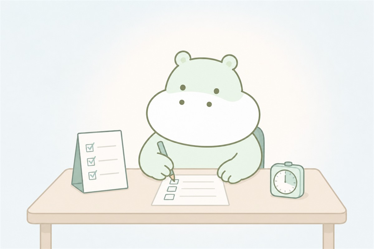 手順と環境を整えて無理なく働くカバのイラスト