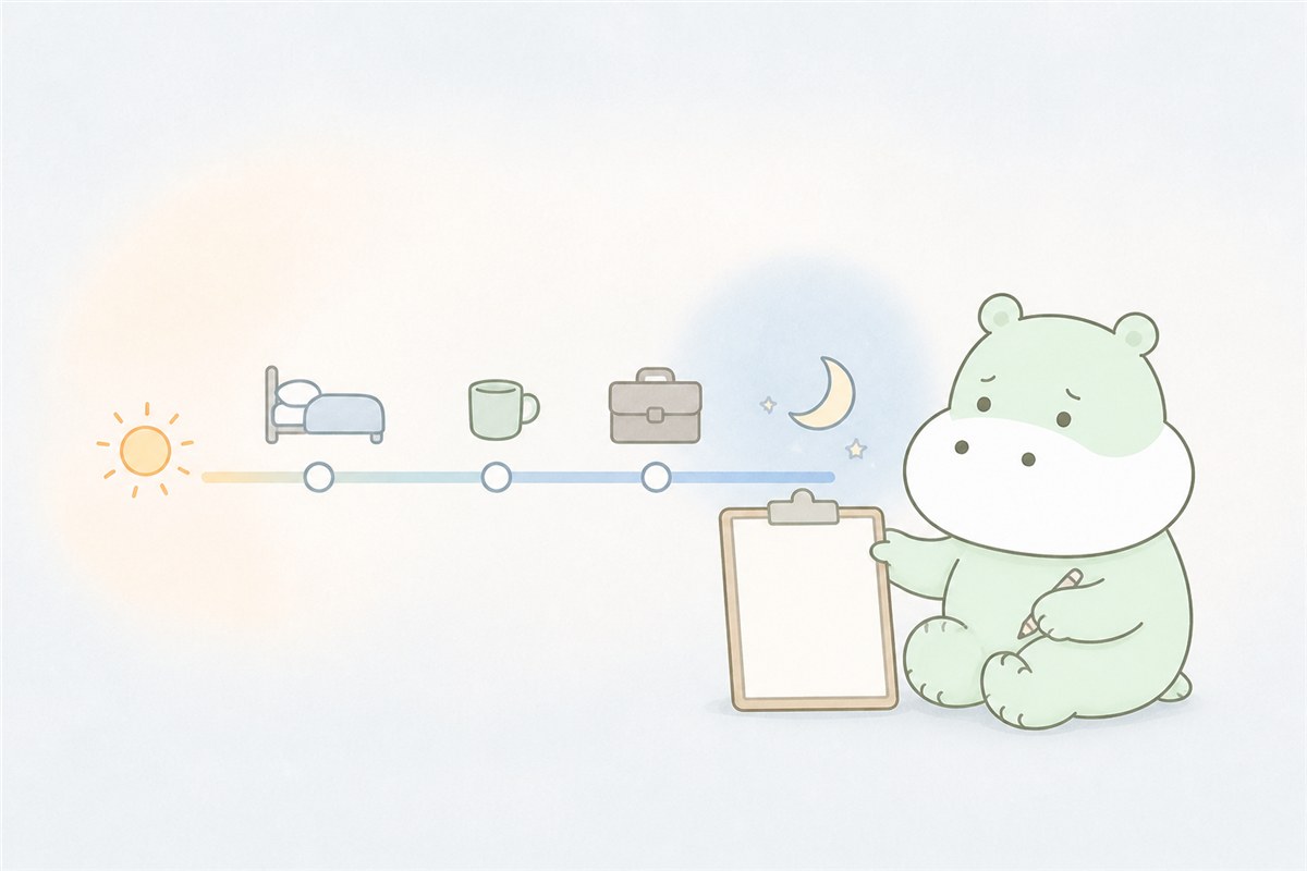 睡眠と日中の生活を時系列で整理するカバのイラスト