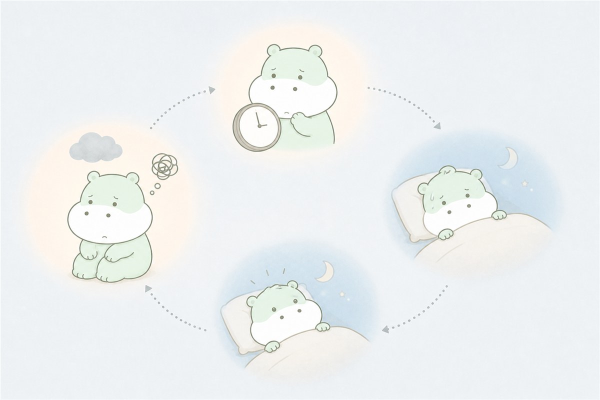 眠ろうとする努力と覚醒が循環する仕組みを表すカバのイラスト