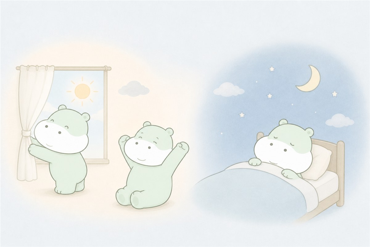 生活リズムを整え穏やかに休むカバのイラスト