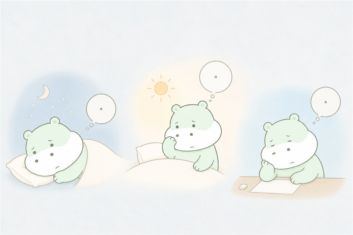 夜に眠れず日中にも疲れが残る状態を表すカバのイラスト