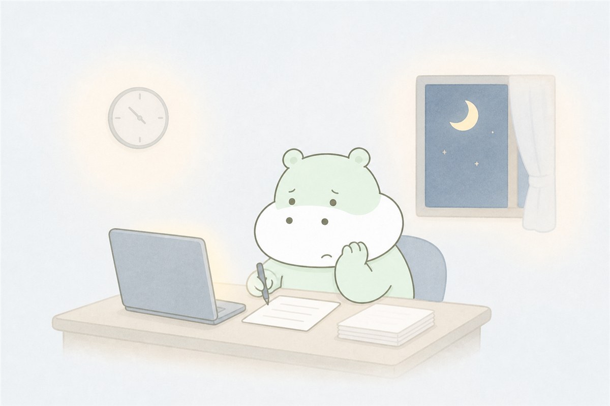不眠によって仕事中の集中や判断が難しくなるカバのイラスト
