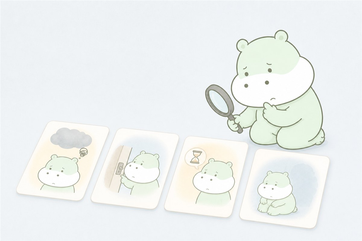 強迫観念と強迫行為を分けて整理するカバのイラスト