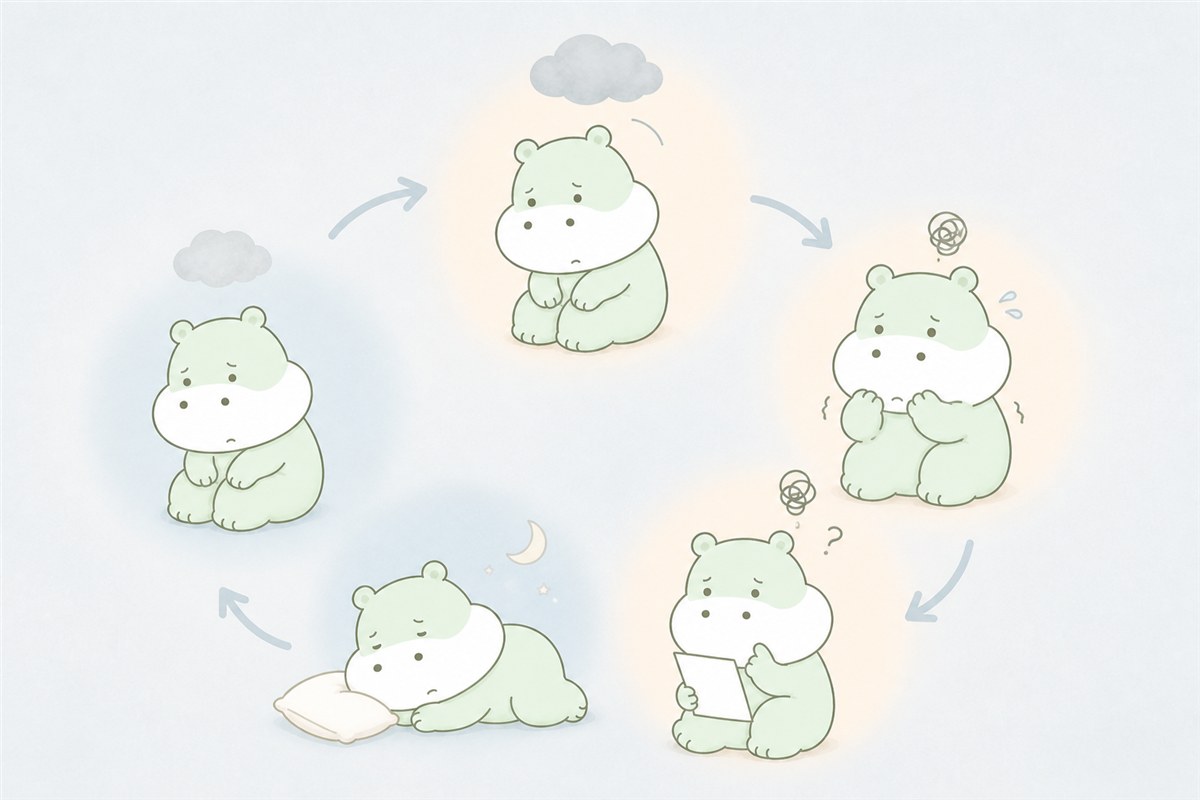 強迫観念と儀式による一時的な安心の循環を表すカバのイラスト
