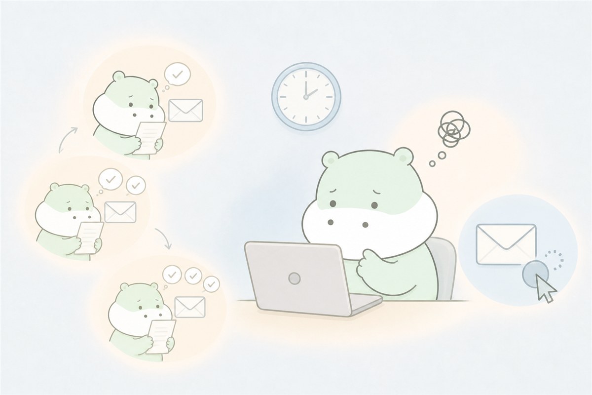 メールや書類の確認を終えられないカバのイラスト