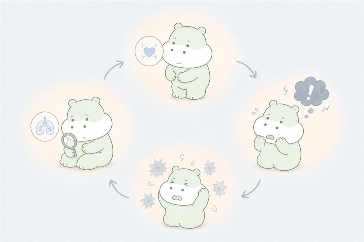 身体感覚への警戒と発作の循環を表すカバのイラスト