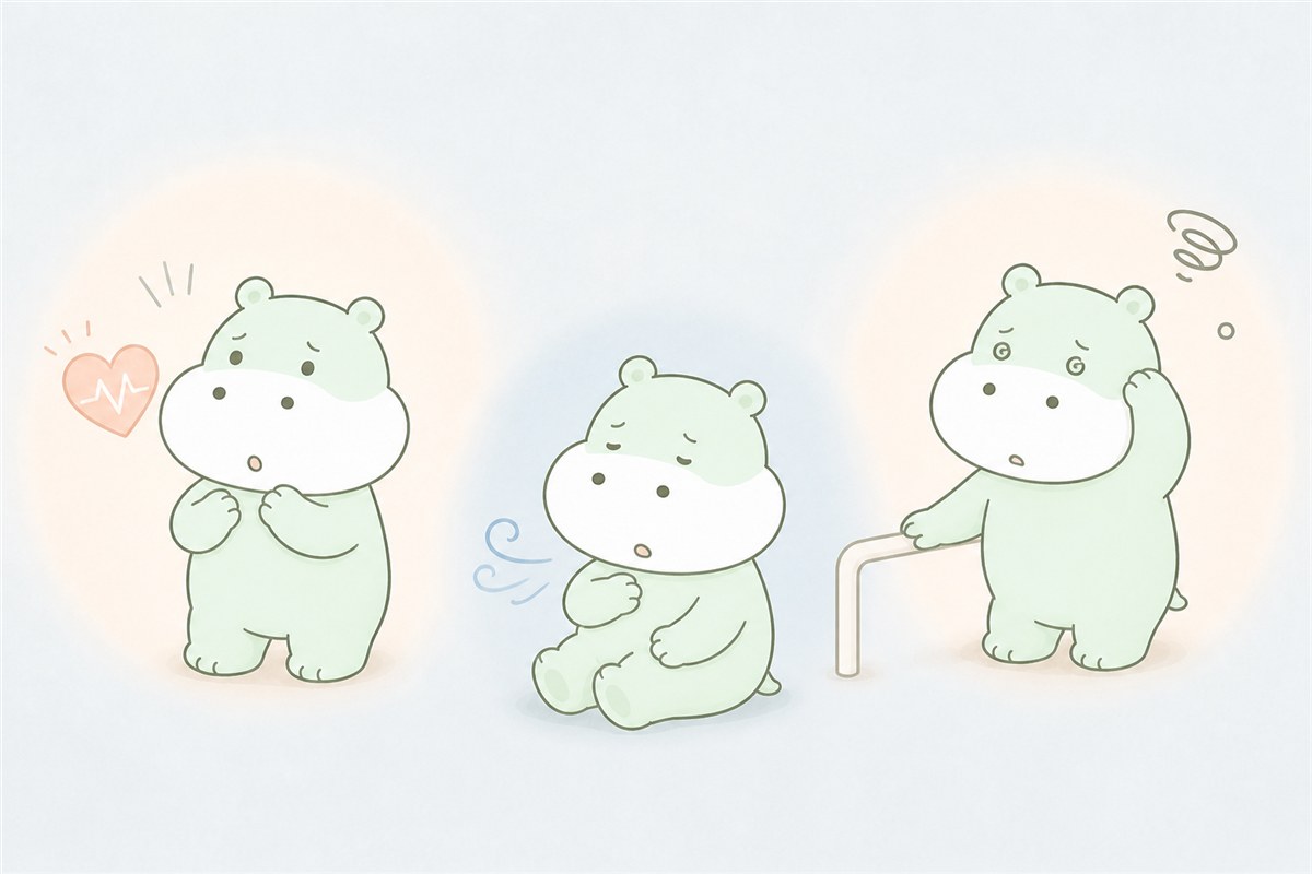 突然の動悸や息苦しさに驚くカバのイラスト