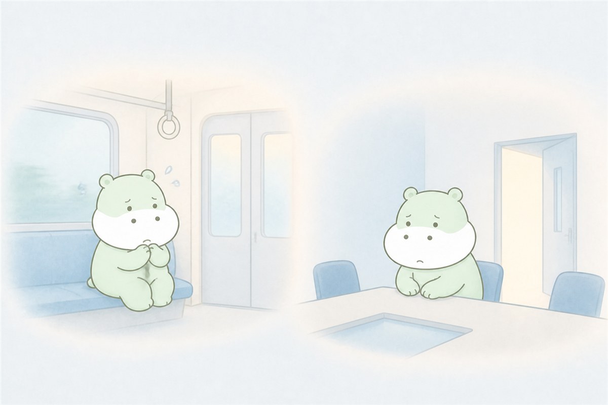 通勤や会議で発作を心配するカバのイラスト