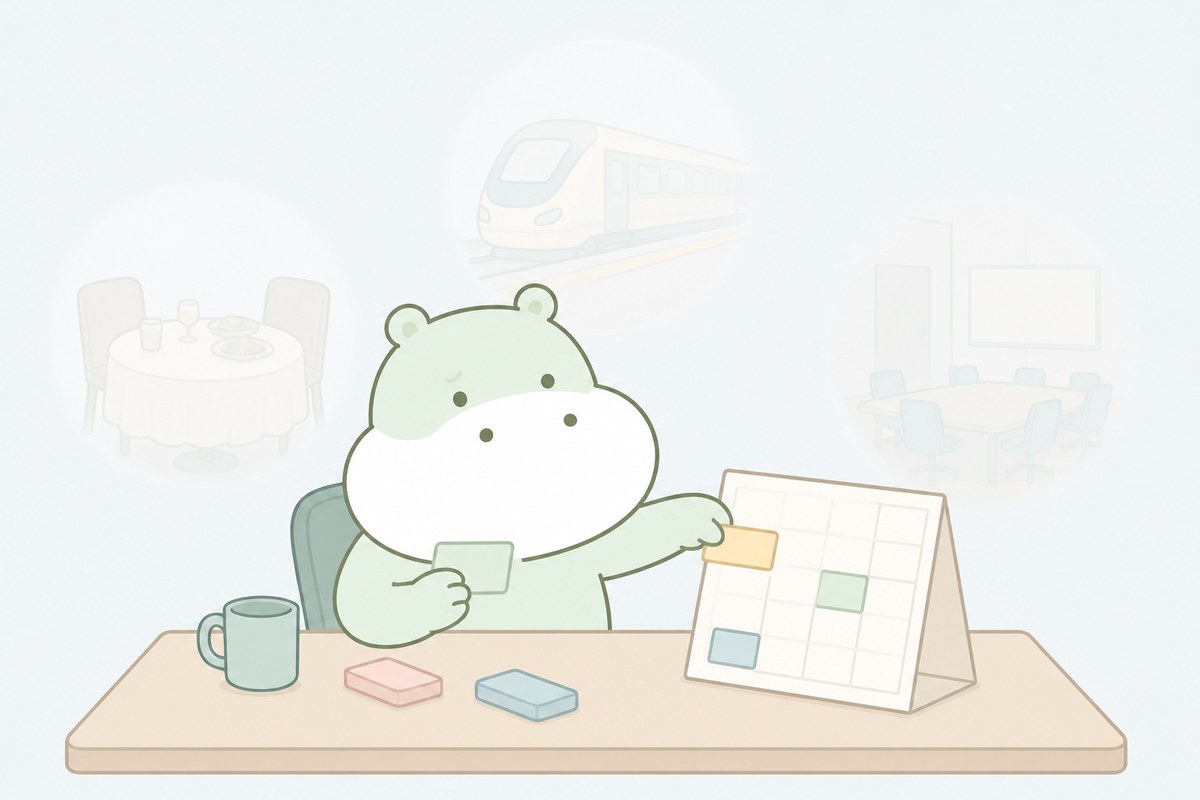 会食や電車や会議など仕事の場面が狭くなるカバのイラスト