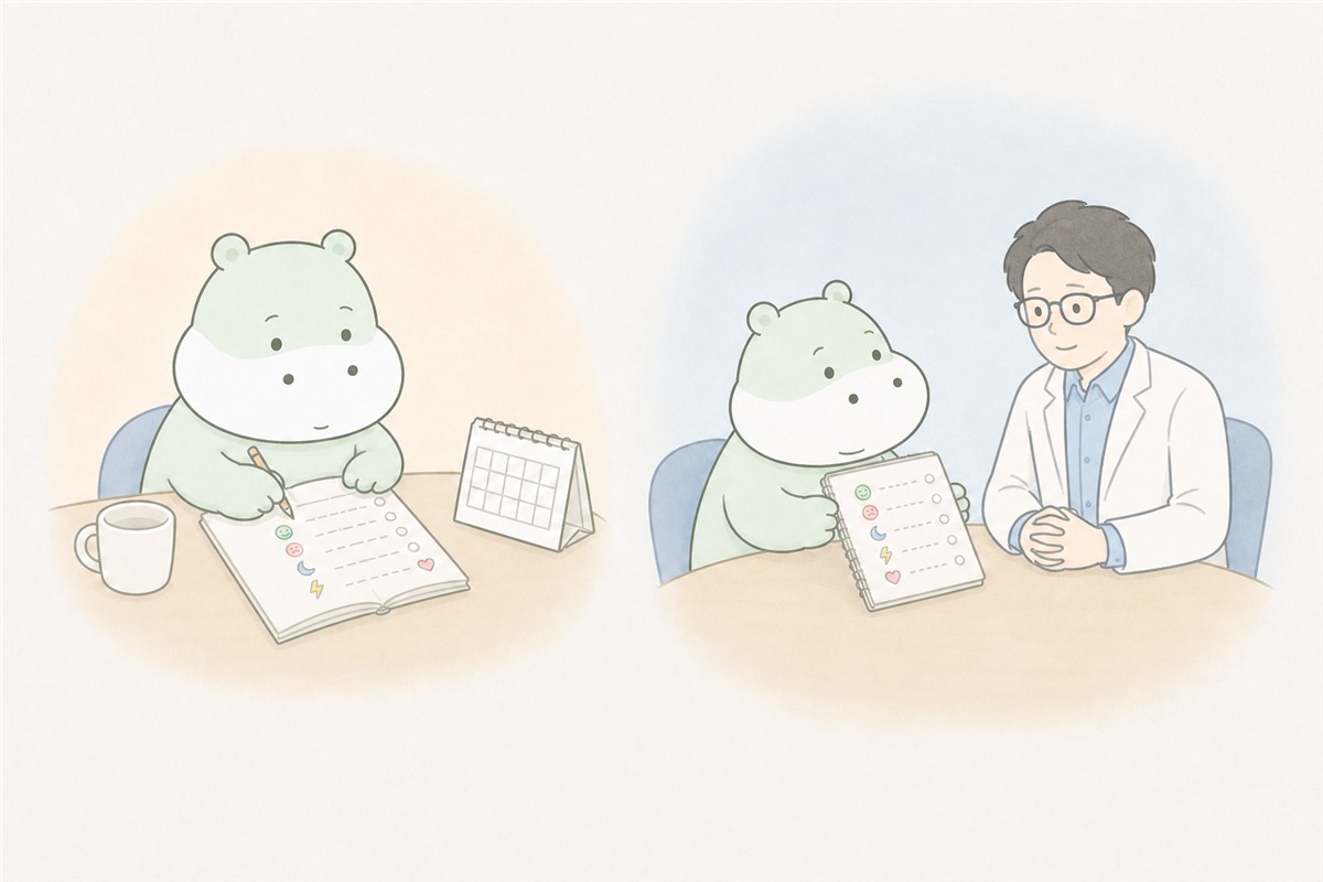 毎日の症状と月経周期を記録して診察で整理するカバのイラスト