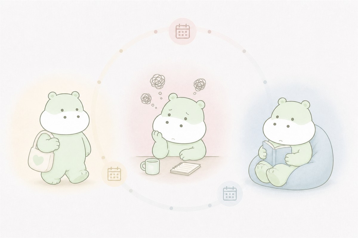 月経周期に伴って心身の状態が変化する仕組みを表すカバのイラスト