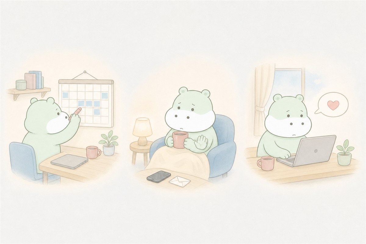 周期を見通しながら仕事と休養を調整するカバのイラスト