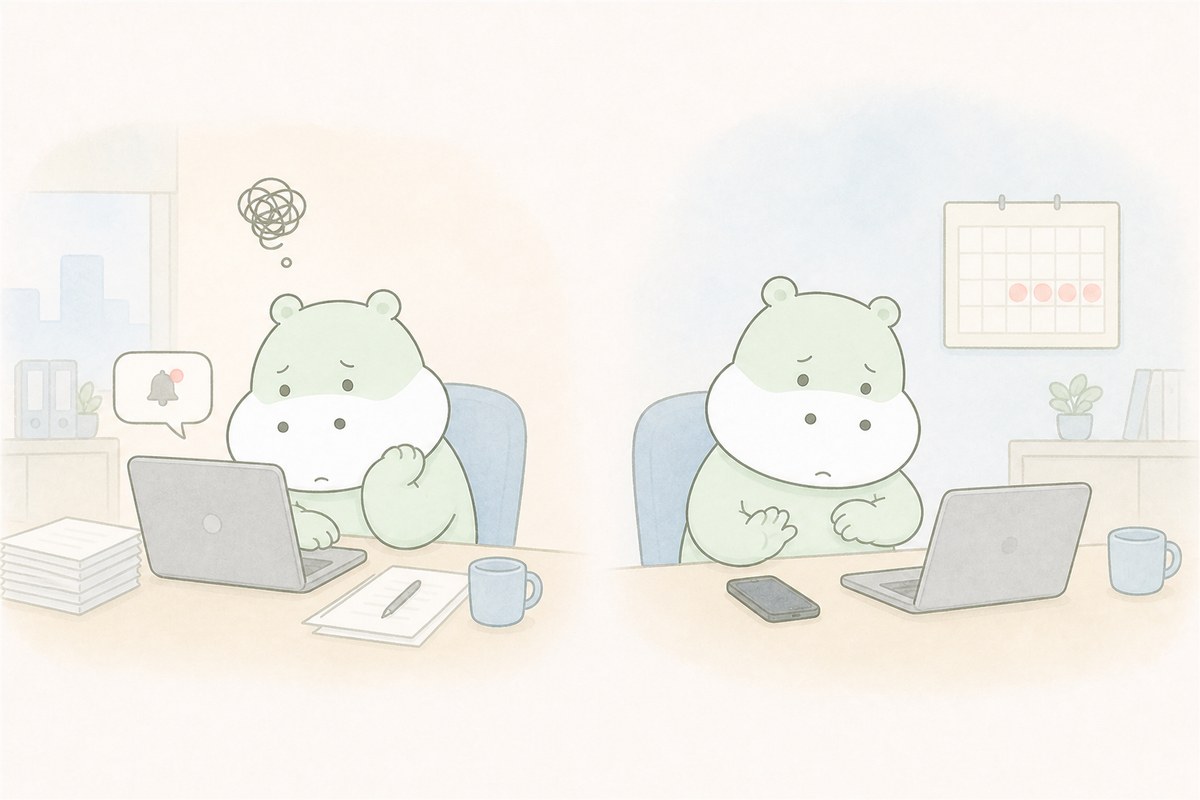 月経前の症状によって会議や仕事の判断が難しくなるカバのイラスト