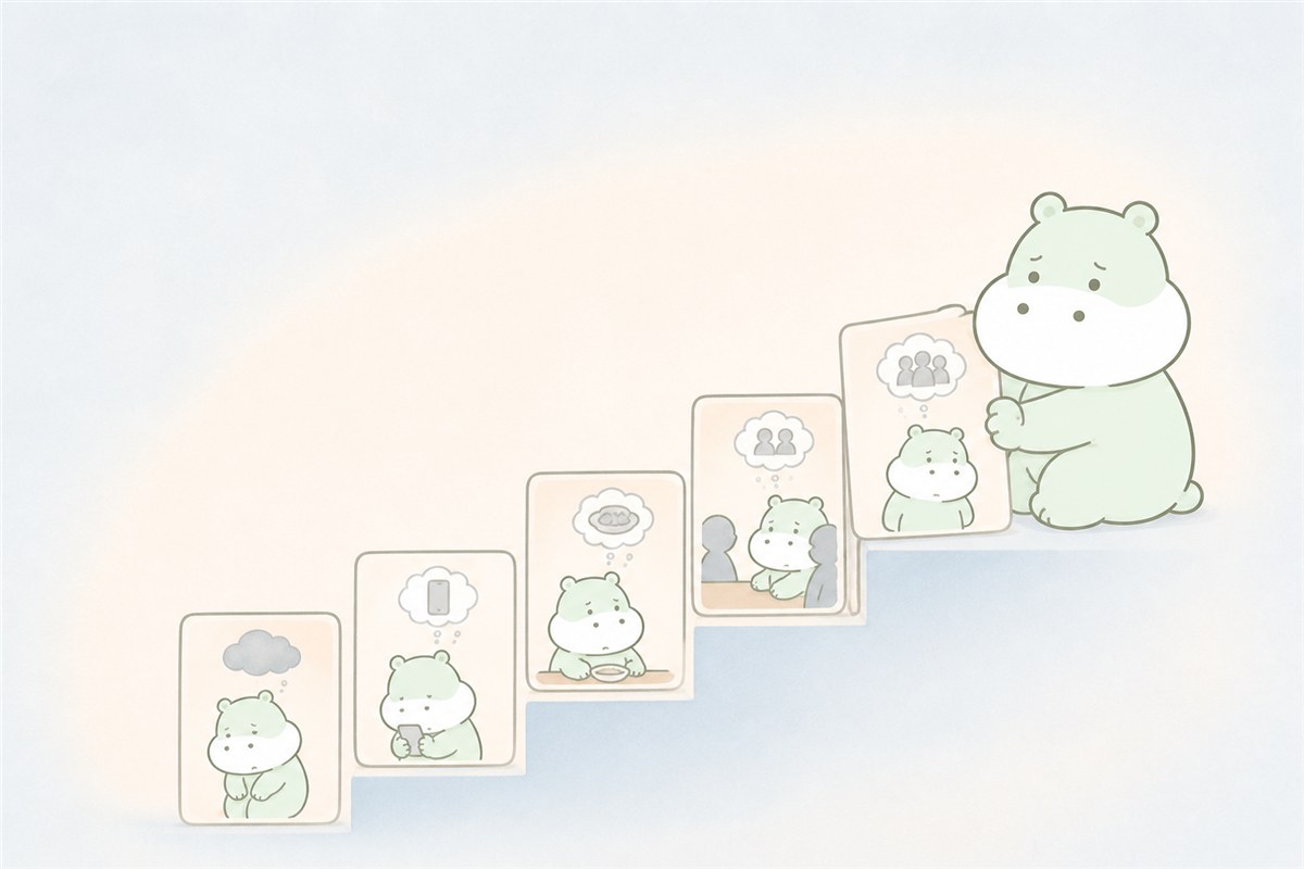 苦手な場面と安全行動を整理するカバのイラスト