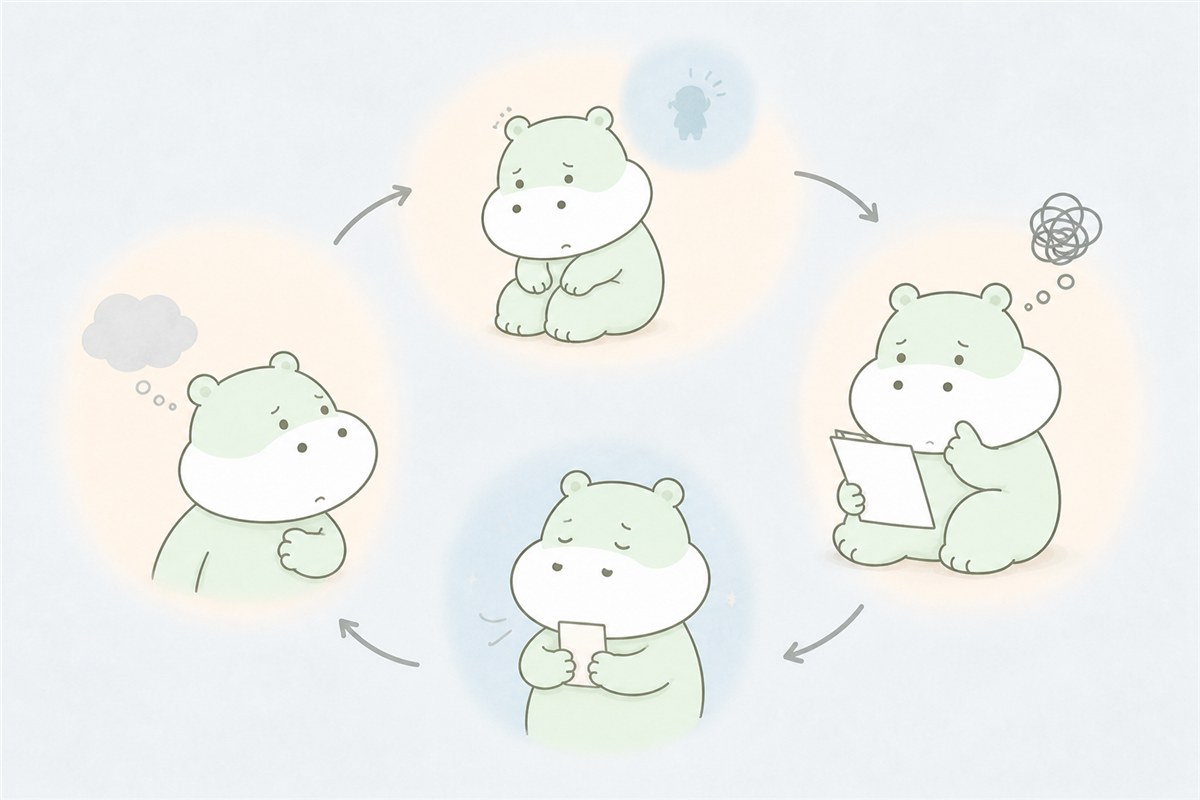 自己注目と回避が不安を維持する仕組みを表すカバのイラスト