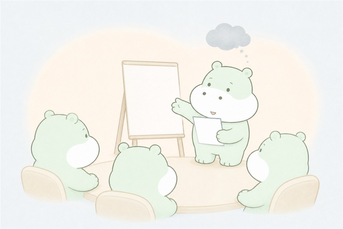 緊張しながらも人との場へ参加するカバのイラスト