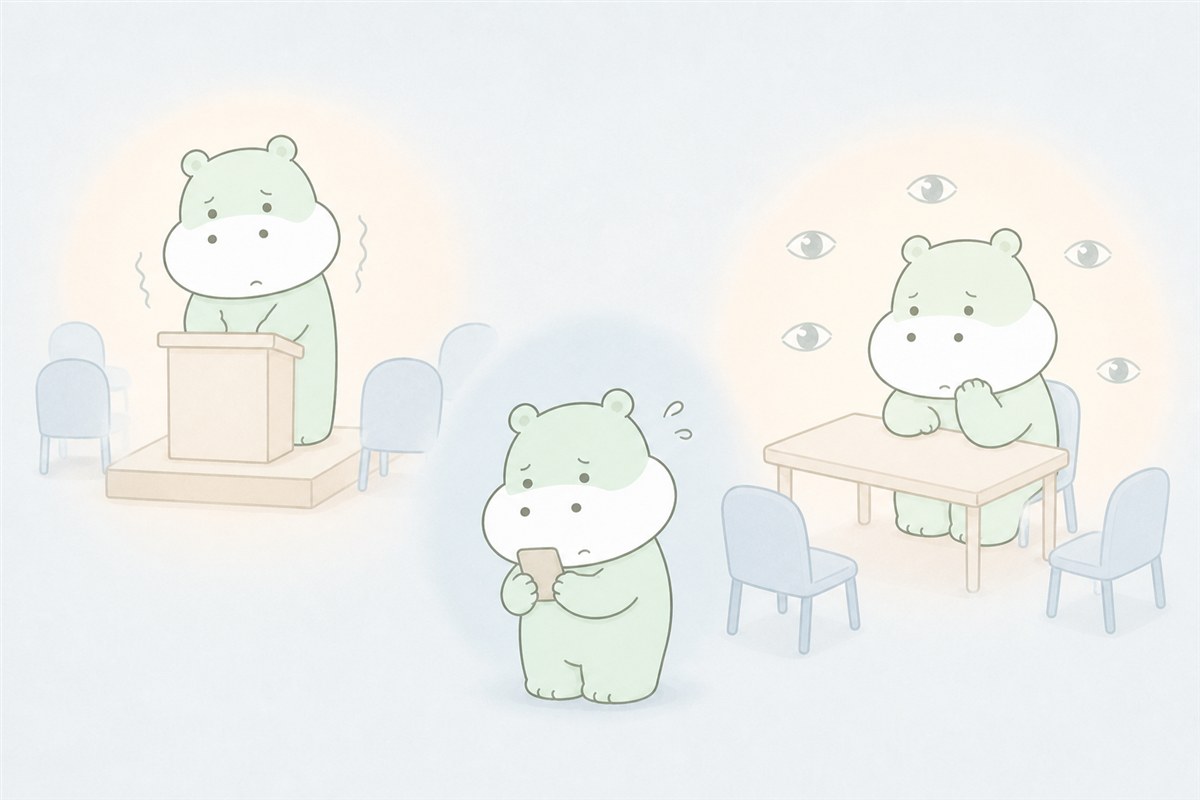 人前で強く緊張し視線が気になるカバのイラスト