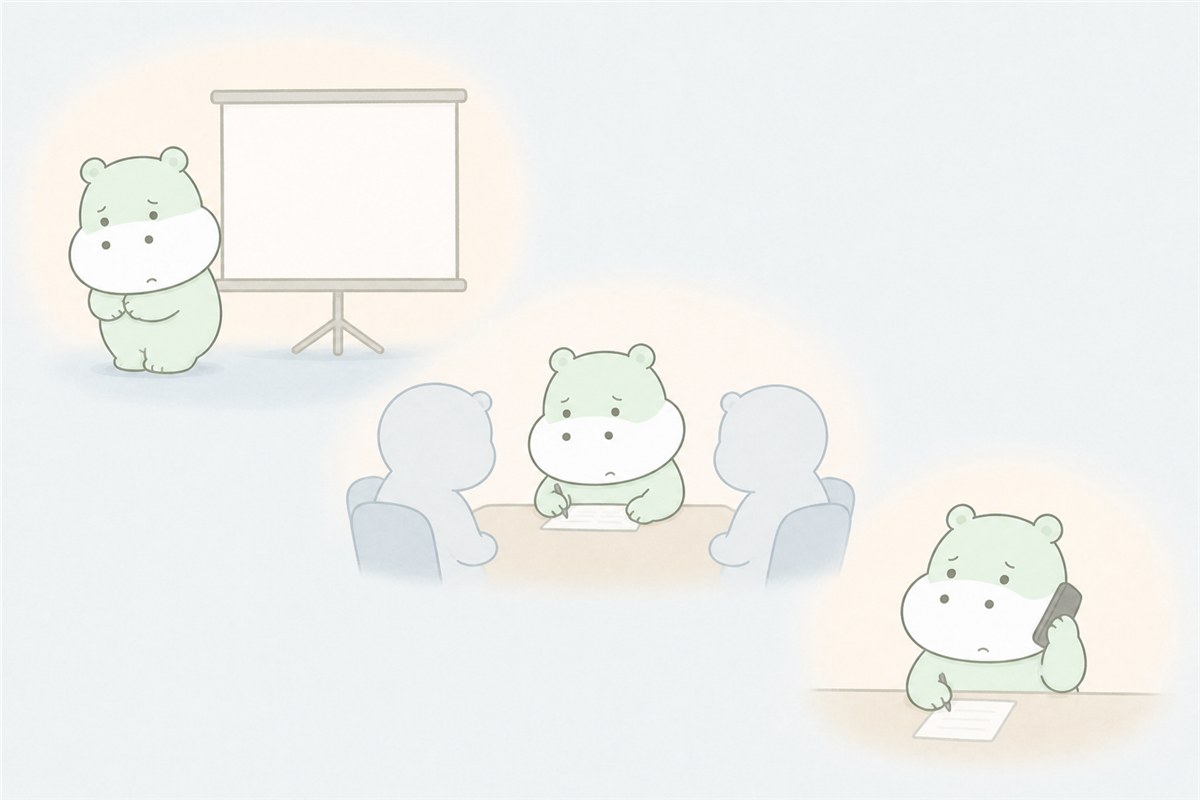発表や電話や会食を前に緊張するカバのイラスト